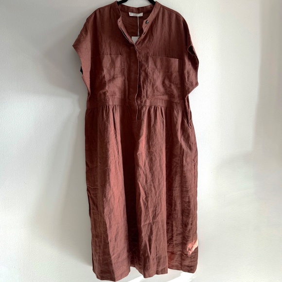 NWT Everlane The Craft Dress in Linen Women’s Large Red Brown Midi Relaxed Fit - Picture 2 of 8